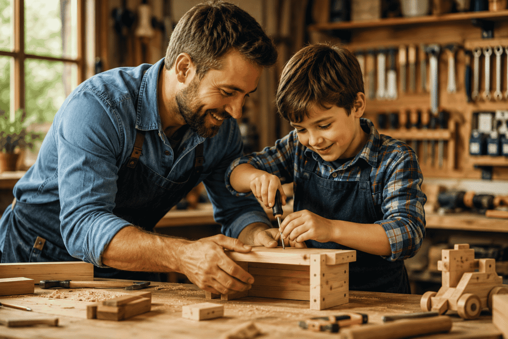 Father and son working together - Ted woodworking