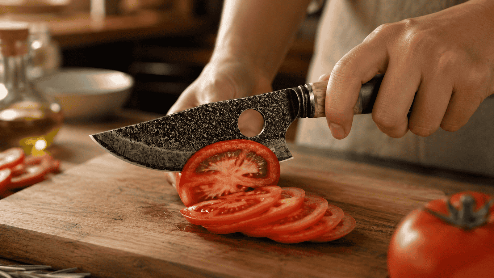 Kitchen knife slicing tomato on a wooden cutting board