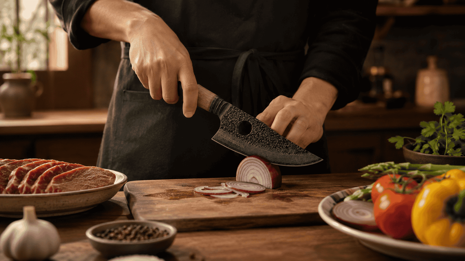 Matsato Osuren style kitchen knife on a cutting board with fresh ingredients