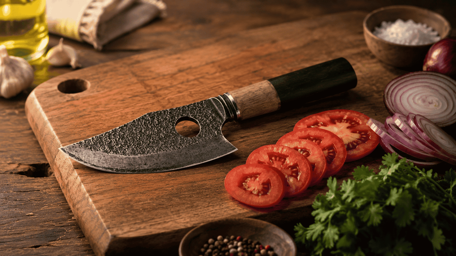 Kitchen knife displayed with tomatoes, onions, herbs, and garlic